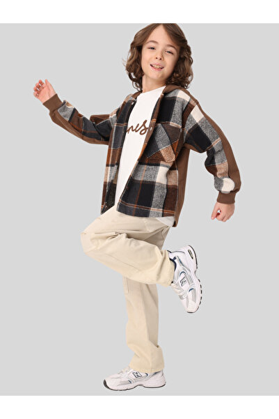 JENA Boy's Plaid Hooded Shirt 3-14 Years Old Brown