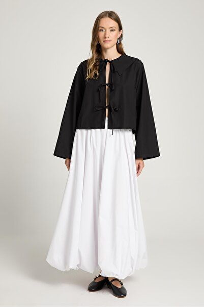 minaaise بلوزة نسائية من قماش البوبلين الأسود بتفاصيل ياقة مربوطة من الأمام 3...