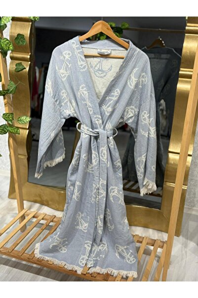 Befera Design Muslin Kimono 100% Cotton Anchor Patterned Bathrobe Kaftan Dressing Gown
