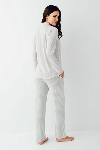 Pierre Cardin Shirt Collar, Pocket, Women's Pajama Set, Long Sleeve, Green, Striped, Cotton & Modal