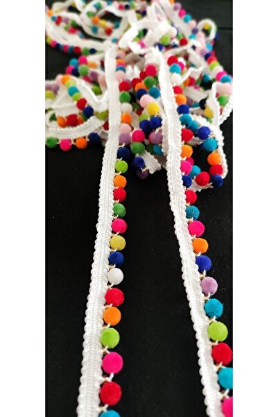 ALTAY AKSESUAR Beyaz Rengarenk Ponponlu Boncuklu Şerit