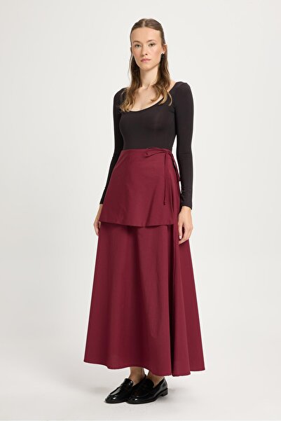 minaaise Дамска дълъг пола от поплин в цвят бордо с колан 30021