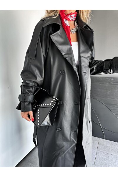 Zerrincan Giyim Siyah Manşetli Kemerli Deri Trençkot