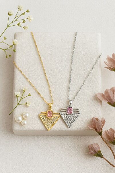 SEO JEWELRY قلادة نسائية بتصميم مثلث من الأحجار الوردية باللون الذهبي والفضي ...