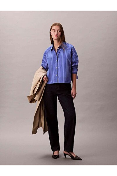 Calvin Klein YD STRIPE BOXY CROPPED SHIRT Mavi Kadın Tişört