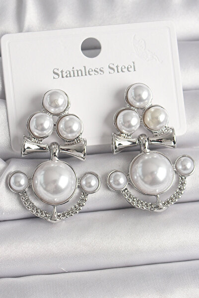 Lisinya Brass Silver Color Anchor Model Women's Earrings with Hanging Pearls ...