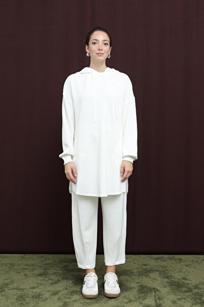 Puane Women's Hooded Trouser Suit with Embellished Back - 14306Tks - Ecru