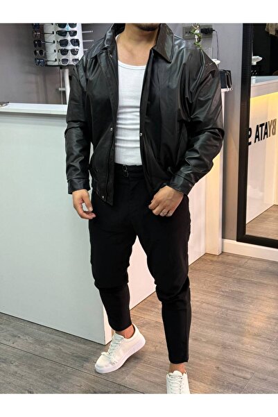 BYATA MENS STYLE Ανδρικό μαύρο δερμάτινο μπουφάν Bomber