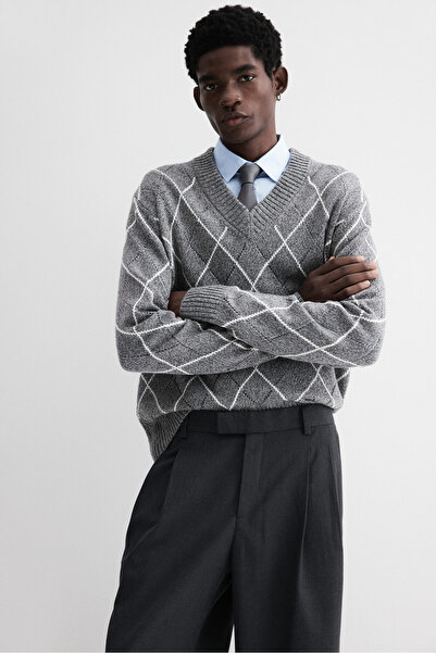 H&M Yün Karışımlı ve V Yakalı Kazak Regular Fit