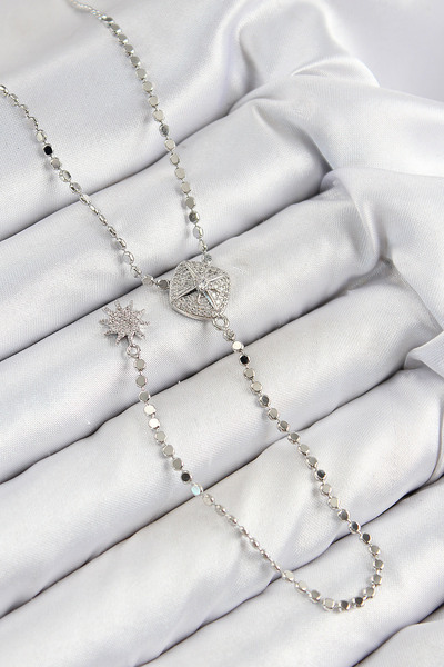 Lisinya Brass Zircon Stone Crushed Chain Medallion Model Silver Color Y Neckl...