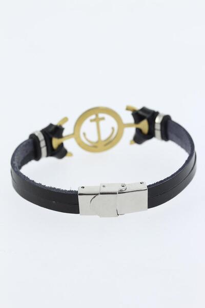 Lisinya Black Leather Men's Bracelet with Gold Color Sea Anchor Figure and Me...