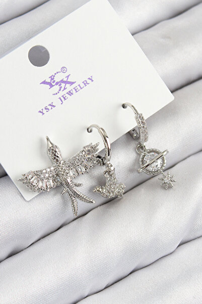 Lisinya Brass Zircon Stone 3-Piece Bird Model Silver Color Women's Earrings -...