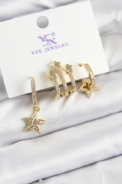 Lisinya Brass Zircon Stone Hanging Star Model Gold Color 3-Piece Women's Earr...
