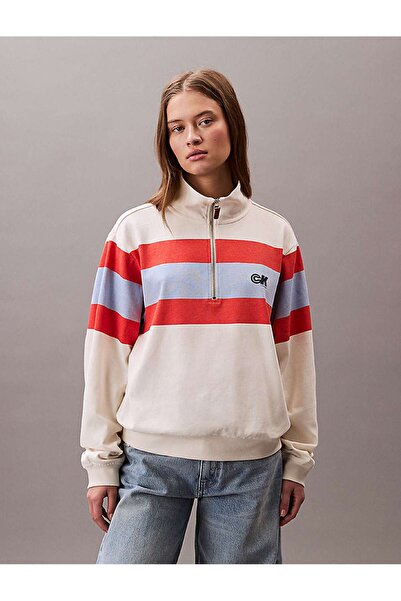 Calvin Klein RUGBY JERSEY 1/4 ZIP STRIPE TOP Bej Kadın Sweatshirt