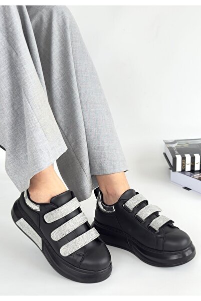 Lisinya Elika Black Leather Glitter Velcro Sneakers - Tygoo