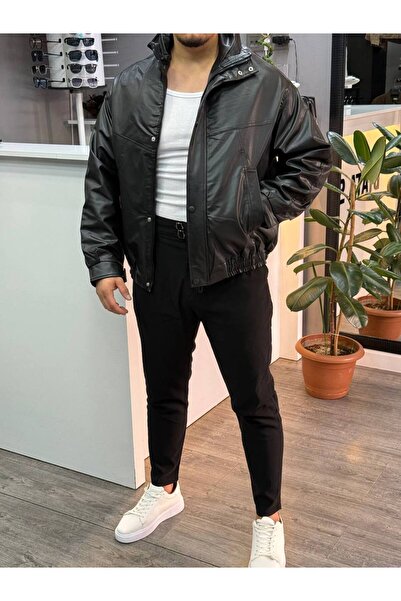 BYATA MENS STYLE Ανδρικό μαύρο δερμάτινο μπουφάν Bomber