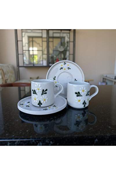 İlbay Çini Takı El İşi Papatya Buketi Desenli 2 Kişilik Seramik Türk Kahvesi Fincanı Takımı