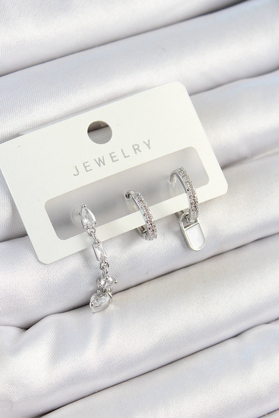 Lisinya طقم أقراط نسائية من حجر الزركون النحاسي موديل فضي اللون مكون من 3 أزو...