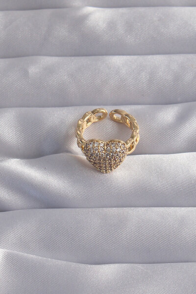 Lisinya خاتم على شكل قلب مقوس من الزركون بلون ذهبي مع تعديلات نحاسية -