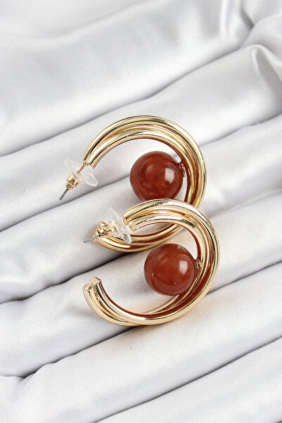Lisinya Brass Gold Color Hoop Model Brown Bead Detail Women's Earrings - Tygoo