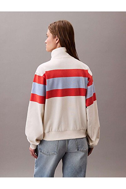 Calvin Klein RUGBY JERSEY 1/4 ZIP STRIPE TOP Bej Kadın Sweatshirt