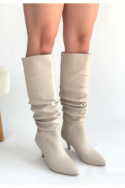 Lisinya Zelya Beige Leather Heeled Boots - Tygoo