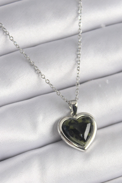 Lisinya 316L Steel Silver Color Green Enamel Heart Model Women's Necklace - T...