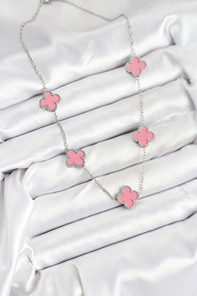 BSRE Silver Pink Color Clover Women's Necklace (316L Steel)