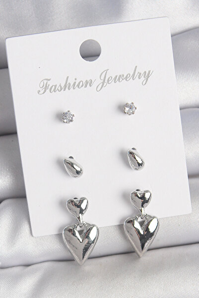 Lisinya Brass Silver Color Zircon Stone Dangle Heart Model 3 Pairs Women's Ea...