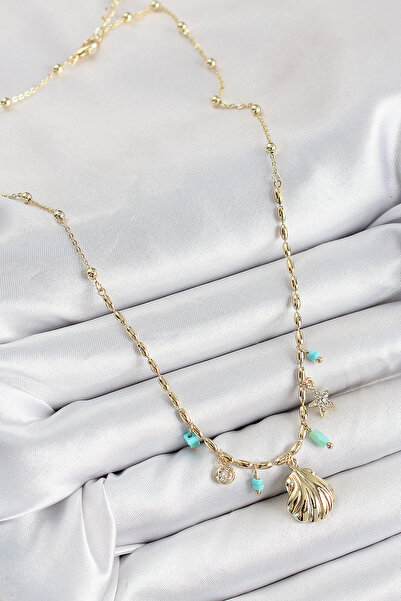 Lisinya قلادة نسائية من حجر الزركون النحاسي على شكل صدفة البحر بلون ذهبي -