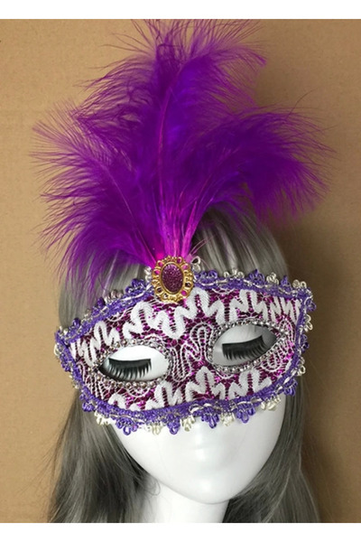 Lisinya Purple Lace Embroidered Purple Feathered Prom Party Mask 17X20 cm - T...
