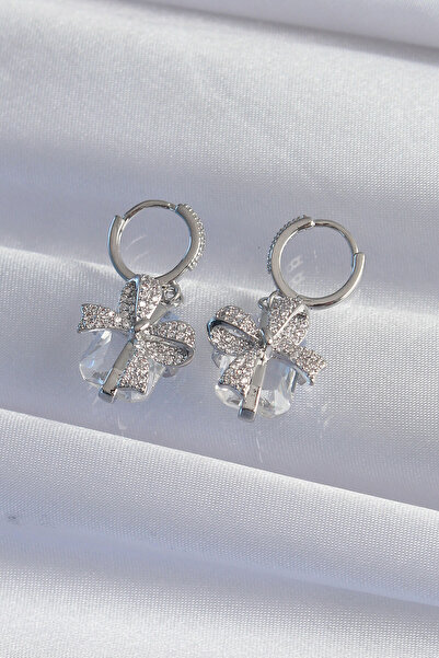 Lisinya Pirinç Gümüş Renk İri Zirkon Taşlı Fiyonk Model Halka Küpe -