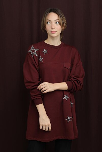 Puane Women's Star Detailed Basic Tunic - 10736Tun - Burgundy