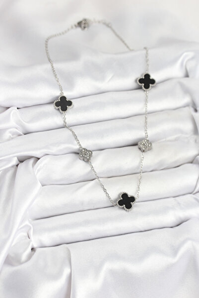 BSRE Silver Color Black and Clover Women's Necklace (316L Steel)