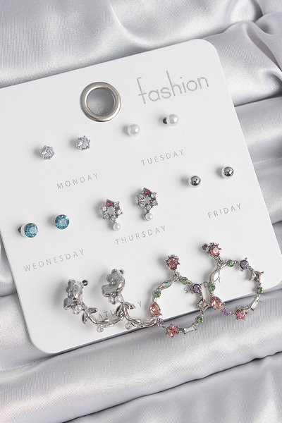 Lisinya Brass Silver Color Zircon Stone Rose Figure Hoop Model 7 Pairs Women'...