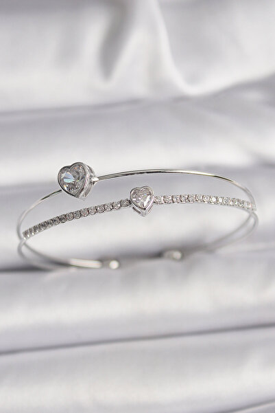Lisinya سوار نسائي من النحاس الفضي اللون مرصع بحجر الزركون على شكل قلب - TYGOO