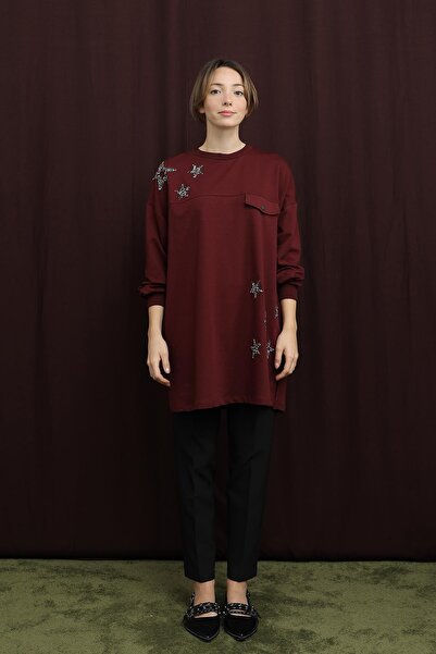 Puane Women's Star Detailed Basic Tunic - 10736Tun - Burgundy