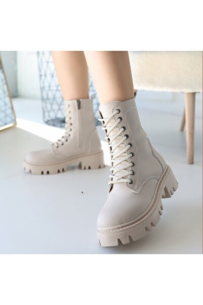 Lisinya Flona Beige Leather Lace-Up Boots -