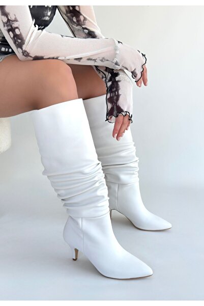 Lisinya Zelya White Leather Heeled Boots - Lisinya