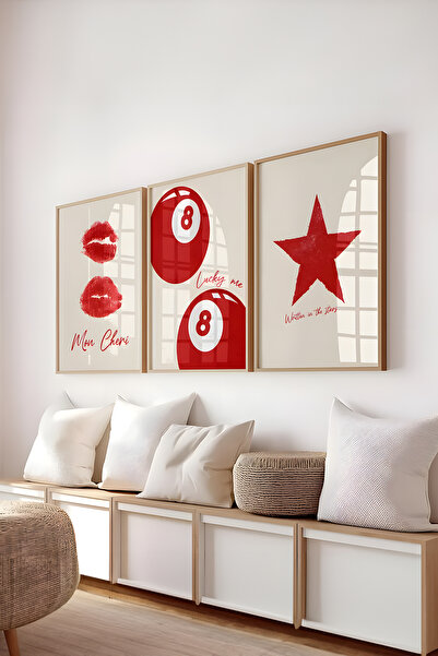 Posteria 3'lü Kırmızı Bej Şanslı 8 Top As Kartı Seti Mon Cheri, Genç Odası De...