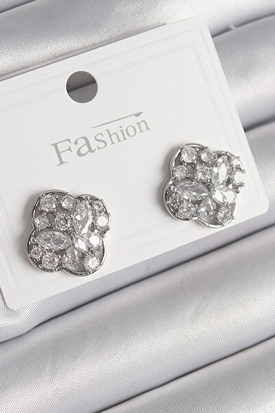 Lisinya Brass Silver Color Zircon Stone Clover Model Women's Earrings - Tygoo