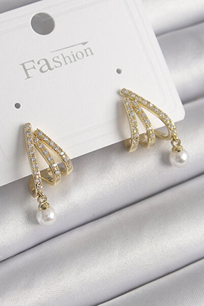 Lisinya Brass Gold Color Zircon Stone Claw Model Pearl Detail Women's Earring...