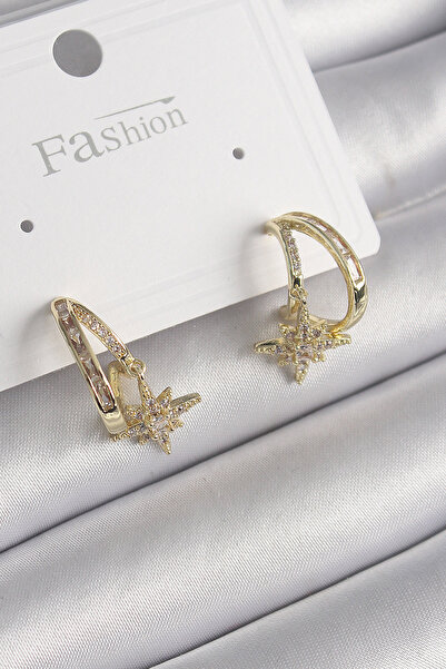 Lisinya Brass Gold Color Zircon Stone Hoop Model Star Detail Women's Earrings...