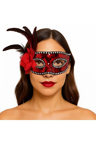 Arenes Kırmızı Renk Yandan Tüylü Güllü Gümüş Taşlı Pullu Maske 20x22 cm - Lis...