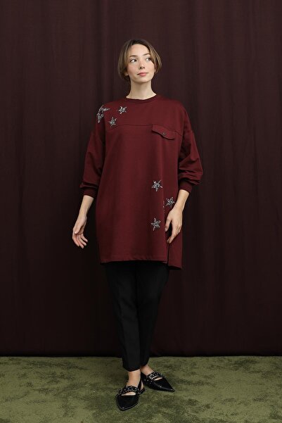Puane Women's Star Detailed Basic Tunic - 10736Tun - Burgundy