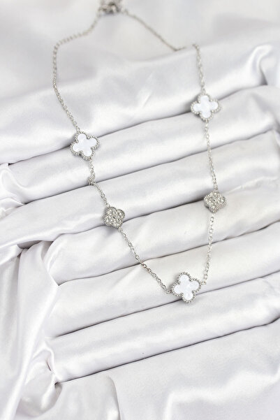 BSRE Silver Color White and Clover Women's Necklace (316L Steel)