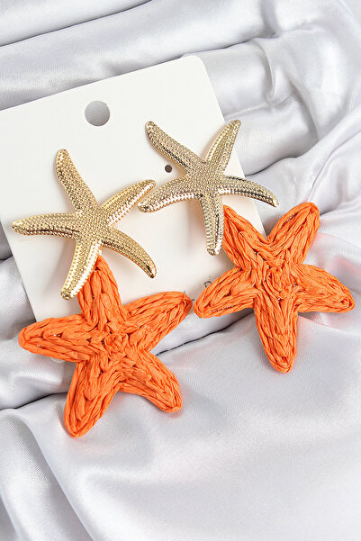 Lisinya Brass Dangle Orange Starfish Model Gold Color Straw Earrings - Tygoo