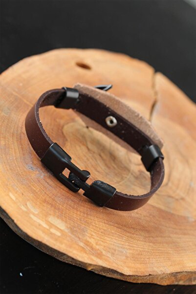 Lisinya Brown Leather Men's Bracelet with Black Sea Anchor Steel Accessories -