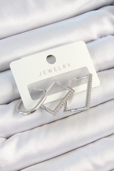 Lisinya Brass Zircon Stone Rectangular Model Silver Color 3 Pair Women's Earr...