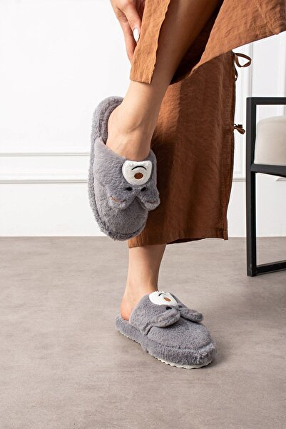 AlbiShoes Sevimli Peluş Ayıcık Figürlü Ev Terlik Ses Yapmaz Kaymaz Taban Hafif Kışlık Ev İçi Terlik